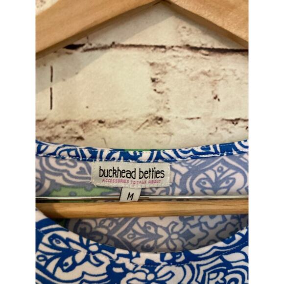 Buckhead Betties Top Womens Medium Tunic Blue Medallion Longer Length Stretch - Picture 5 of 14